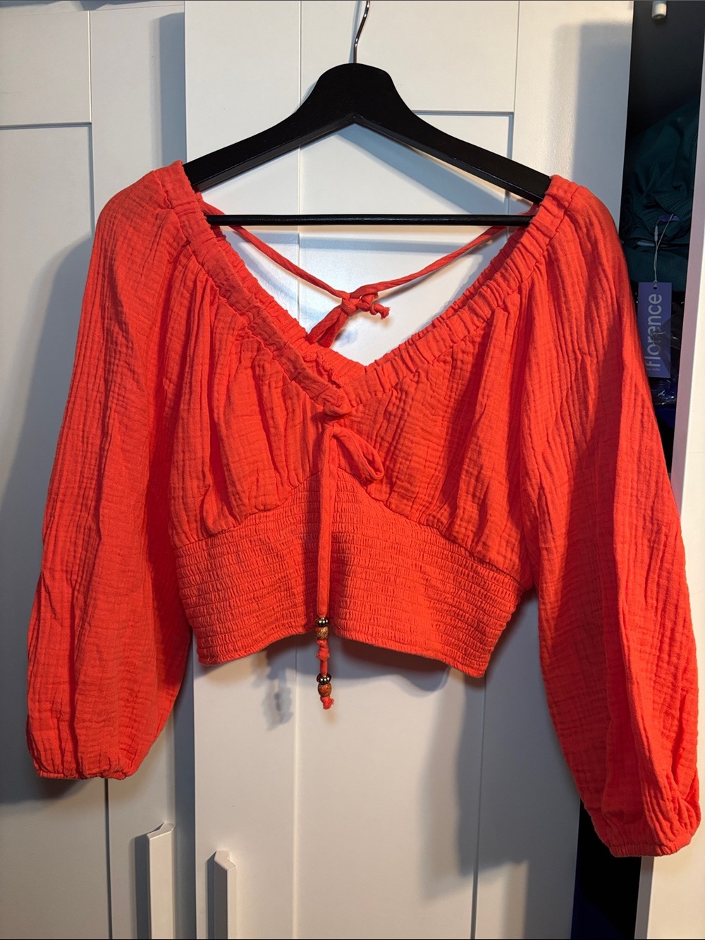 Cropped Tie-Back Peasant Top in Vibrant Coral